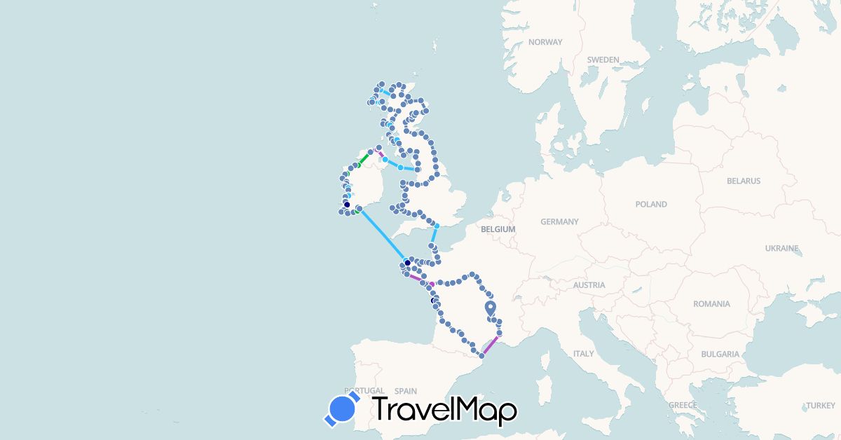 TravelMap itinerary: driving, bus, cycling, train, boat in France, United Kingdom, Ireland, Isle of Man (Europe)